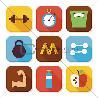 Flat Sport and Fitness Squared App Icons Set