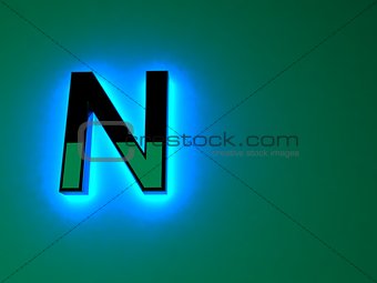 Luminous neon black letters. Blue glow. Black shiny font. Separate letters. Raster illustration.