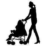 Silhouettes  walkings mothers with baby strollers. Vector illust