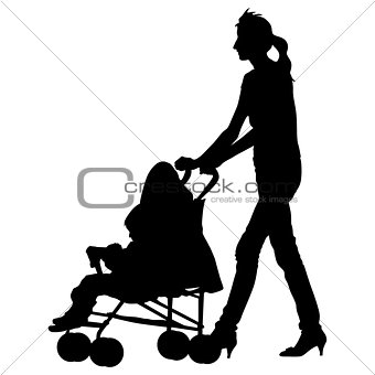 Silhouettes  walkings mothers with baby strollers. Vector illust