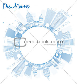 Outline Des Moines Skyline with Blue Buildings and copy space