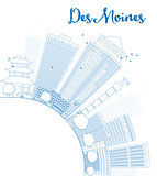 Outline Des Moines Skyline with Blue Buildings and copy space