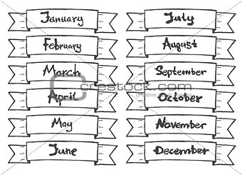 Hand drawn ribbon with months for calendar