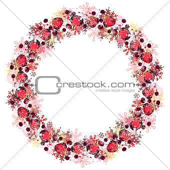 Round frame with different red snowflakes.