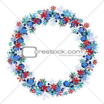 Round frame with different blue snowflakes.