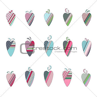 Set of different vintage tilda hearts isolated on white. Pastel colors.