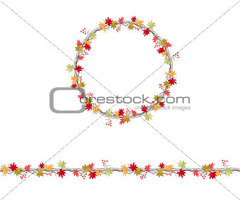 Round season wreath with maple leaves and twigs  isolated on white.