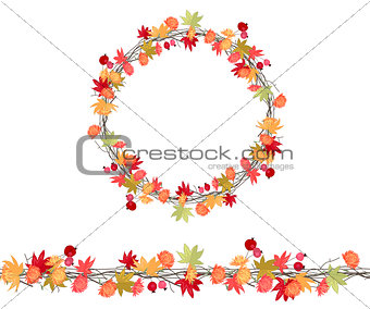 Round season wreath with autumn leaves, asters and twigs  isolated.