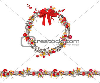 Round autumn wreath with berries and apples isolated on white. Endless horizontal pattern brush.