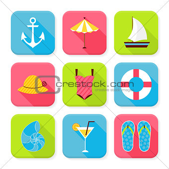 Flat Summer Holidays and Resort Squared App Icons Set