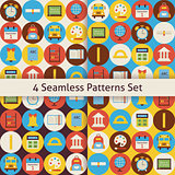 Four Vector Flat Seamless Back to School Patterns Set with Color