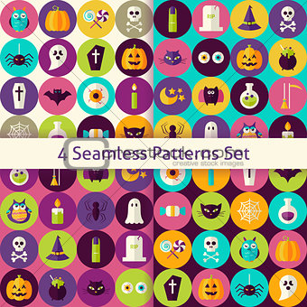 Four Vector Flat Halloween Party Patterns Set with Colorful Circ