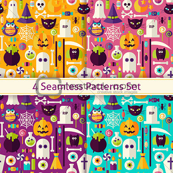 Four Vector Flat Seamless Scary Halloween Patterns Set