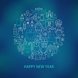 Thin Line Happy New Year Holiday Icons Set Circle Shaped Concept
