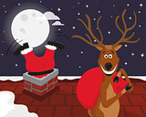 Funny reindeer with Santa on the roof