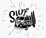 Van surf retro black and white illustration