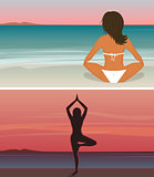 Woman is doing yoga on the sunset beach
