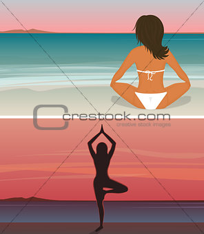 Woman is doing yoga on the sunset beach