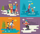 Family with kids concept flat icons set of winter sport