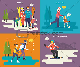 Family with kids concept flat icons set of winter sport