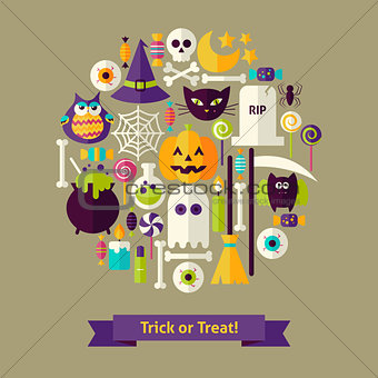 Vector Flat Style Trick or Treat Halloween Objects Concept