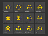 Headphones and support icons.