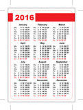 2016 pocket calendar. Template grid. Vertical orientation of days of week
