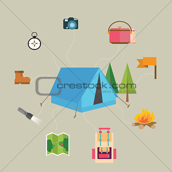camping hiking icon set of  map tent compass flag  adventure illustration