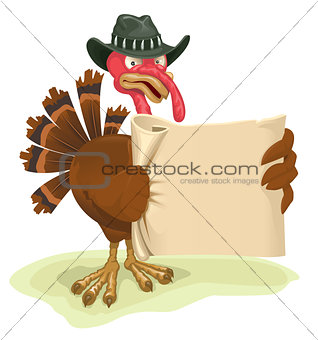 Turkey bird holding sheet of parchment