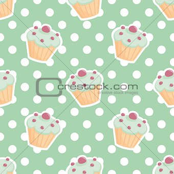 Tile vector pattern with cupcakes and polka dots on mint green background