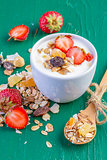 yogurt with cereals muesli and fresh strawberries