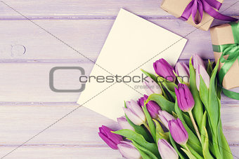 Purple tulip bouquet, greeting card and gifts