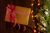 Christmas gift box, tree branch and lights