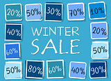 winter sale and percentages in squares - retro blue label