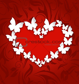 Cute postcard with heart made in paper butterflies for Valentine