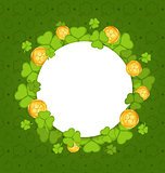Celebration card with shamrocks and golden coins for St. Patrick