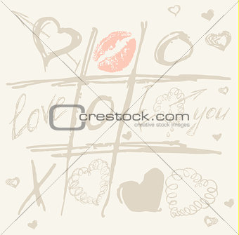 vector Tic Tac Toe Hearts, Valentine background. The valentines day. Love heart. Hand drawn icons symbols.