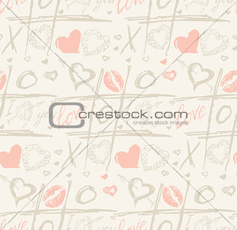 Grunge vector seamless pattern with hand painted hearts and words love. 