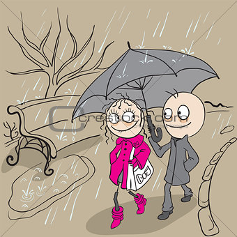 Loving couple walking park in rain. Autumn weather rain
