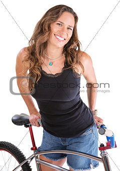 Cheerful Woman with Mountain Bike