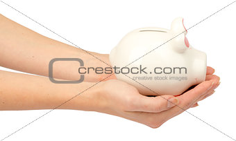 Pigggy bank in humans hands, side view