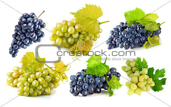 Set blue and green grapes with leaf