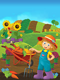 Cartoon farm scene with a girl farmer