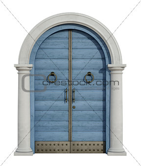 Old  front door with stone portal on white