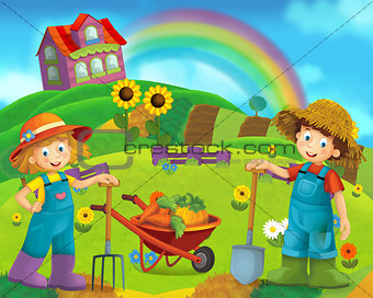 Cartoon farm scene with a girl farmer