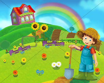 Cartoon farm scene with a boy farmer