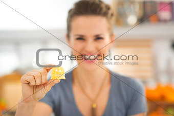Closeup on halloween boo chips treats in woman hand