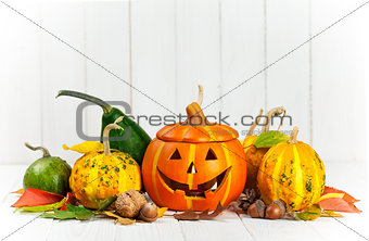 Holiday Halloween autumn decoration with jack-o-lantern pumpkins