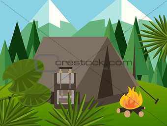 camp forest mountain flat background illustration pine tree backpack fire jungle vector graphic