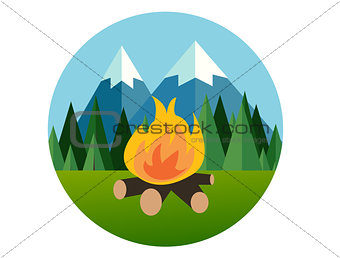 camp fire in forest mountain flat icon pine tree  jungle vector graphic